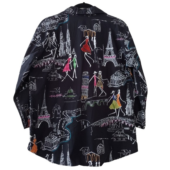 Life Style Travel Landmarks Embroidered Artwork Short Sleeve Shirt, Black, Sz L - Picture 5 of 10